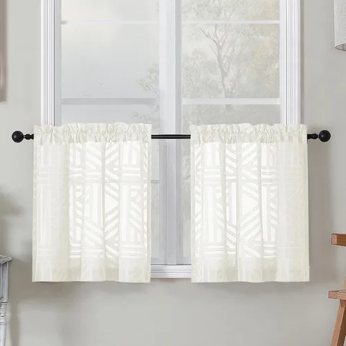 Vista 11 de Simplebrand Cortinas traslúcidas negras de cocina de 24 pulgadas de largo, 2 paneles, filtrado de luz, geométrico jacquard con textura, cortinas