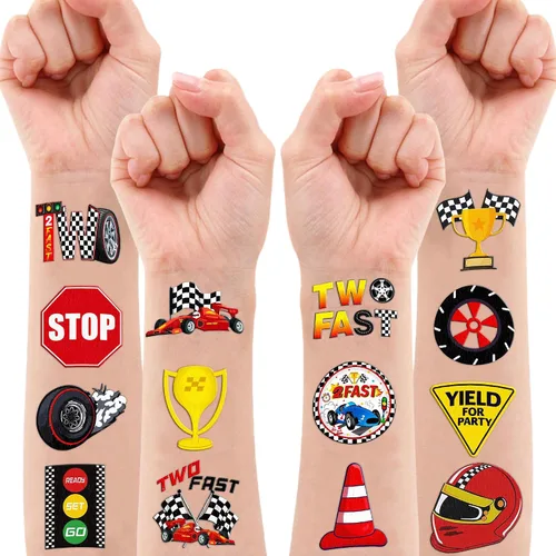 Vista 6 de 96 piezas de dos tatuajes temporales rápidos para niños, recuerdos de fiesta de segundo cumpleaños, suministros de decoración de carreras a cuadros