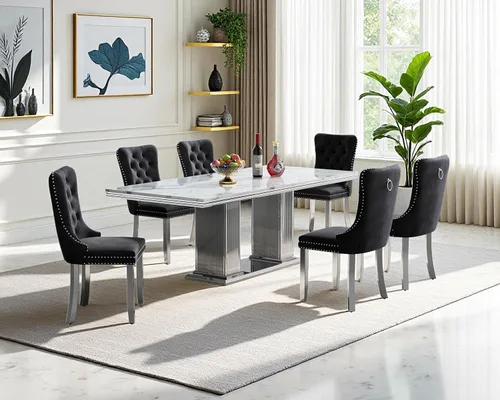 Vista 21 de Juego de mesa de comedor de mármol para 4, mesa de cocina rectangular de mármol negro de 68 pulgadas con base en H de acero inoxidable dorado, juego