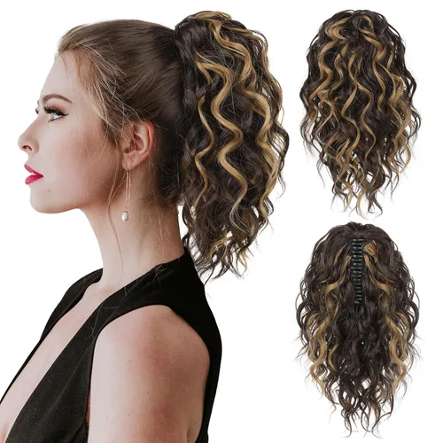 Vista 11 de Flufymooz Extensión de cola de caballo, extensión de cola de caballo corta de 12 pulgadas con pinza de garra, cabello ondulado rizado, clip