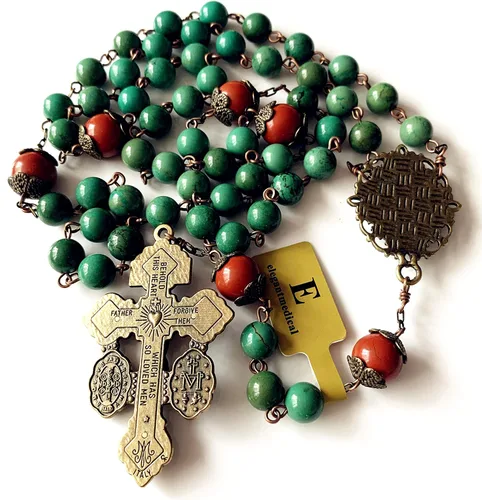 Vista 5 de elegantmedical Hanmade - Cuentas de oración de cornalina roja y cuentas de howlita rosario católico de bronce envejecido Crucifijo collar de cruz