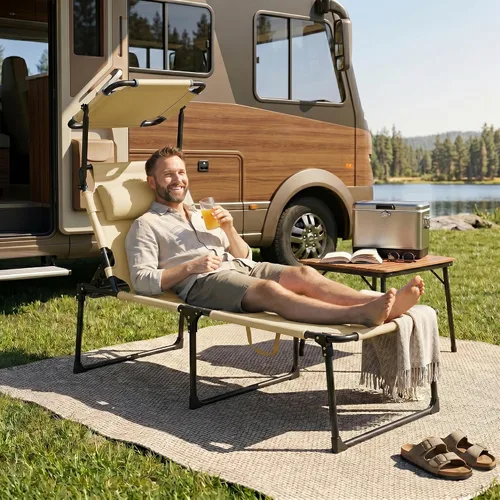 Vista 7 de Outsunny Sillón para exteriores, respaldo ajustable, tumbona plegable, silla de bronceado acolchada con techo parasol y reposacabezas de almohada