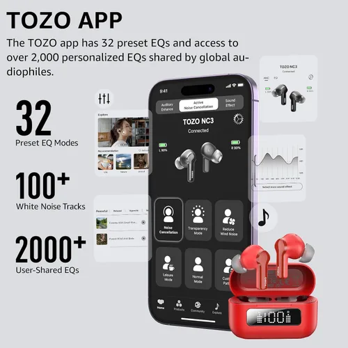 Vista 8 de TOZO HT2 - Audífonos híbridos con cancelación activa de ruido inalámbricos sobre la oreja, auriculares Bluetooth NC3 híbridos con cancelación activa