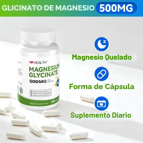 Vista 7 de Glicinato de magnesio 500 mg por cápsula – 240 cápsulas – Suplemento de magnesio de alta absorción para relajación, calma y apoyo muscular – Suave