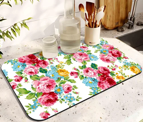Vista 29 de Tapete de secado de platos para encimera de cocina, 20 x 12 pulgadas, lavable, almohadilla de secado rápido de platos, parte trasera de goma Flores