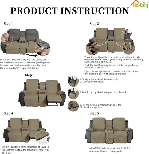 Vista 7 de Easy-Going Funda de sofá reclinable antideslizante con consola, resistente al agua, funda de sofá reclinable doble con correa ajustable, funda Beige