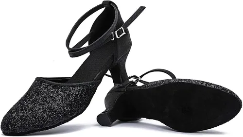Vista 2 de MSMAX Sandalias de baile latino para mujer con tacón medio y purpurina