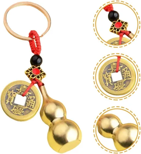 Vista 8 de Llavero chino de Wu con diseño de calabaza Wu Lu, 4 piezas, Feng Shui, moneda, llavero de calabash, colgante de calabash, llavero para buena suerte
