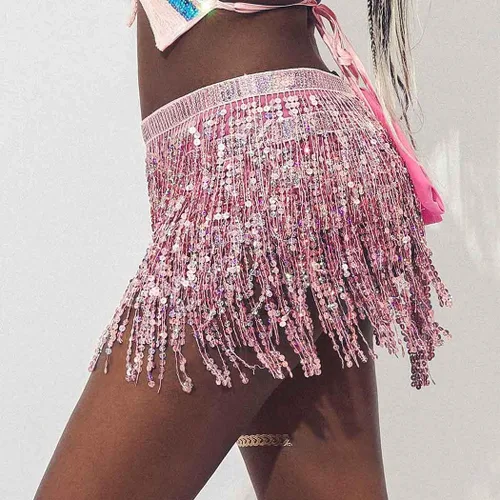 Vista 5 de RELBCY Falda de cadera con lentejuelas y flecos, con borlas, para mujeres y niñas.