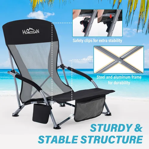 Vista 5 de Homcosan Silla de playa portátil baja plegable con paraguas desmontable, silla de campamento ligera para adultos con portavasos y bolsillo