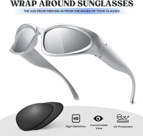 Vista 4 de JASPIN Y2K - Lentes de sol envolventes para mujeres y hombres, plateados, ovalados, modernos, deportivos, con protección UV400