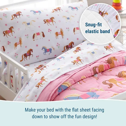 Vista 5 de Wildkin Juego de sábanas para niños pequeños, microfibra suave, sábana bajera y sábana superior, funda de almohada - Caballos