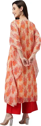 Vista 6 de Janasya Kurta de caftán con estampado floral de lúrex de gasa naranja india para mujer