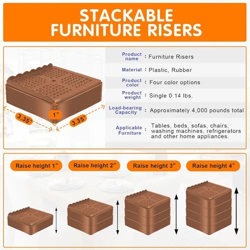 Vista 2 de shouwuhho Elevadores de muebles, paquete de 4 elevadores de cama con agarre antideslizante y soporte resistente, elevación de 1 pulgada, 2 pulgadas