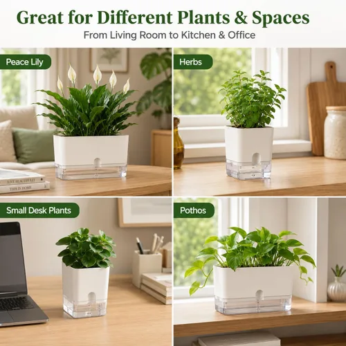 Vista 6 de Planterhoma Macetas de riego automático para plantas de interior de 4.3 pulgadas, 6 paquetes de macetas cuadradas de riego automático con orificio
