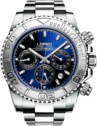 Vista 10 de LOREO Reloj Automático para Hombre de Acero Inoxidable Plateado con Cristal de Zafiro, Bisel de Cerámica, Fecha, Militar, de Buceo, Impermeable Negro