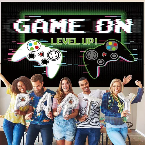 Vista 5 de Telón de fondo de videojuegos de 7 x 5 pies, accesorios de fotografía de juego sobre fondo, pancarta de fotos de feliz cumpleaños para fanáticos