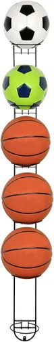 Vista 4 de MyGift Moderno estante de almacenamiento de pelotas deportivas de metal negro, pelota medicinal, baloncesto, pelota de fútbol, voleibol