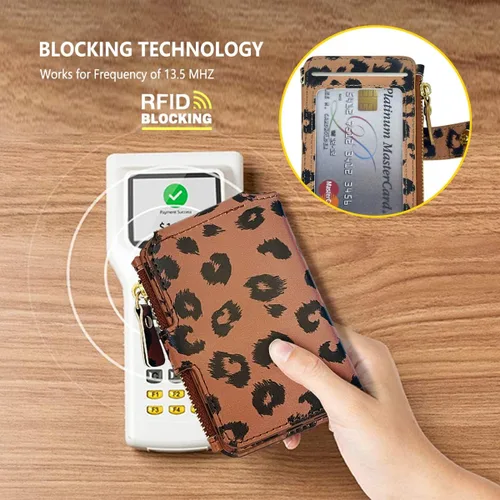 Vista 9 de Cartera con llavero, tarjetero con bloqueo RFID de piel, funda para tarjetas de crédito con cremallera para mujer