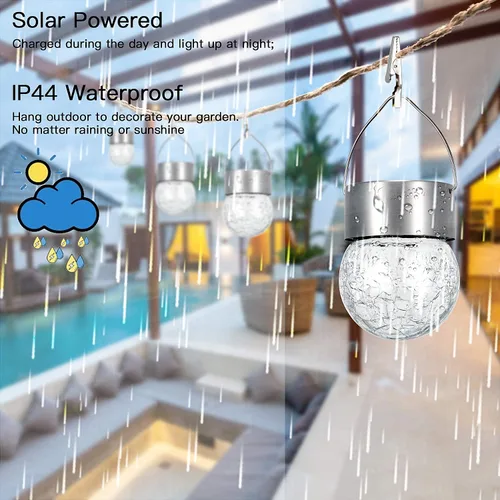 Vista 4 de SUNWIND Luces solares colgantes para exteriores, paquete de 8 luces decorativas de jardín de vidrio agrietado, impermeables, para patio, valla