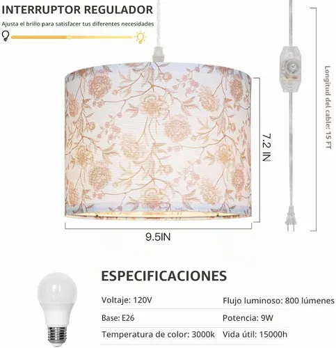 Vista 2 de CINSARY Lámpara colgante con pantalla de tela de flores, luces colgantes para isla de cocina con interruptor regulable, lámpara colgante con cable