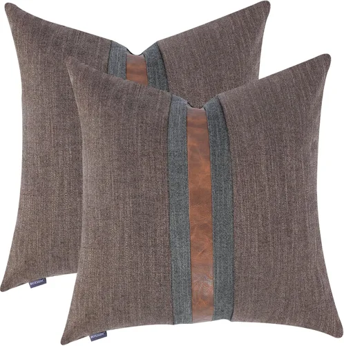 Vista 12 de Juego de 2 fundas de almohadas decorativas de cuero, decoración de exteriores, lino con parches, almohadas de cuero sintético marrón, funda