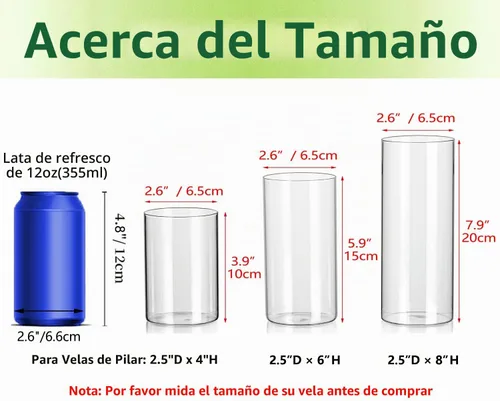 Vista 2 de Juego de 6 jarrones cilíndricos de vidrio, Hewory jarrón alto transparente para centros de mesa, portavelas de vidrio Hurricane para velas flotantes