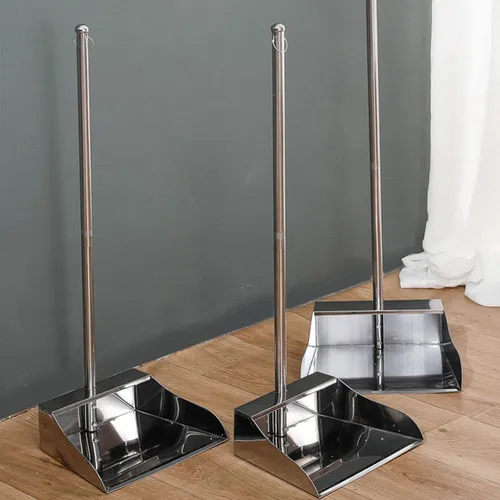 Vista 6 de Sartén para polvo de mango largo – Recogedor de acero inoxidable resistente – Diseño de pie – Herramienta limpia para el hogar, vestíbulo/tienda, A