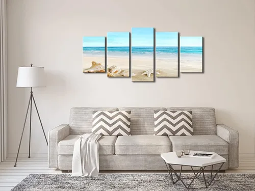 Vista 4 de Pyradecor, paisaje de playa en 5 paneles, lienzo Giclee de paisaje marino, impreso en lienzo moderno, tensado y encuadrado, arte para pared