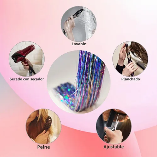Vista 6 de Kit de oropel para el cabello con herramientas e instrucciones, fácil de usar, 12 colores, 2400 hebras de 48 pulgadas, extensiones de cabello