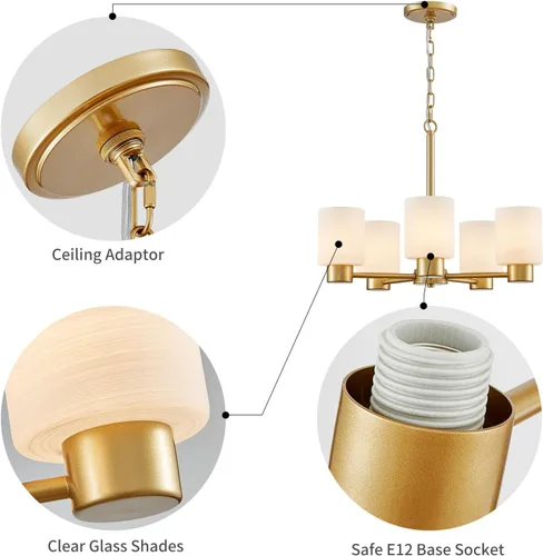 Vista 3 de WUZUPS Lámpara colgante de 5 luces, pantalla de vidrio blanco esmerilado con iluminación de techo de grano, elegante accesorio moderno para baño