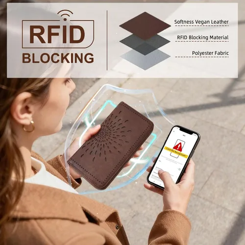 Vista 4 de APHISON Billetera para mujer, gran capacidad, monedero, tarjetero, RFID, pulsera, teléfono, cremallera, moneda, bolsillo de viaje