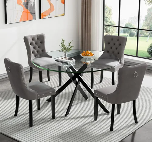 Vista 77 de Juego de mesa de comedor SSLine moderno de 3 piezas con mesa redonda de vidrio para 2, lujosa mesa de comedor circular de 36" con tapa de vidrio