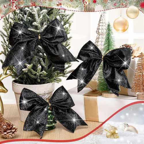 Vista 4 de Cindeer 24 piezas lazos de Navidad negros de 6 x 6 pulgadas, adornos navideños con purpurina lazos con lentejuelas para árbol de Navidad, corona