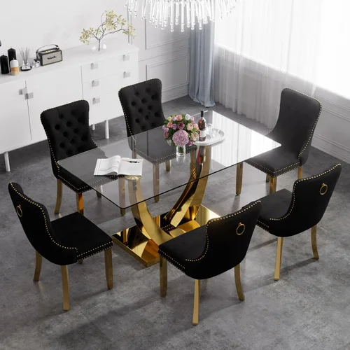 Vista 23 de Juego de mesa de comedor de cristal moderno de mediados de siglo para 4, 63 pulgadas, juego de comedor rectangular grande de lujo con parte superior
