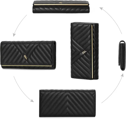 Vista 5 de FEITH&FELLY Cartera de mujer de gran capacidad de piel sintética para mujer, bolso de viaje con triple pliegue, Negro -, Classic