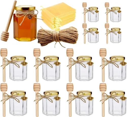Vista 12 de Adabocute Mini tarros de miel – Tarro hexagonal de miel de vidrio con tapas doradas, cubos de madera, abalorios de abeja y yutes – Pequeños tarros
