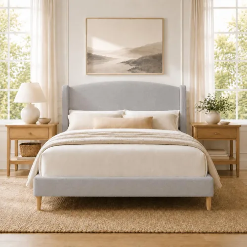 Vista 11 de Kelway - Base de cama tamaño Queen Boucle tapizada con cabecera curvada ajustable, no necesita somier, color beige