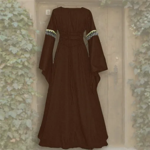 Vista 3 de Vestido medieval renacentista para mujer vestido gótico vestido vintage hasta el suelo cuello cuadrado manga acampanada 01Caqui vino verde negro