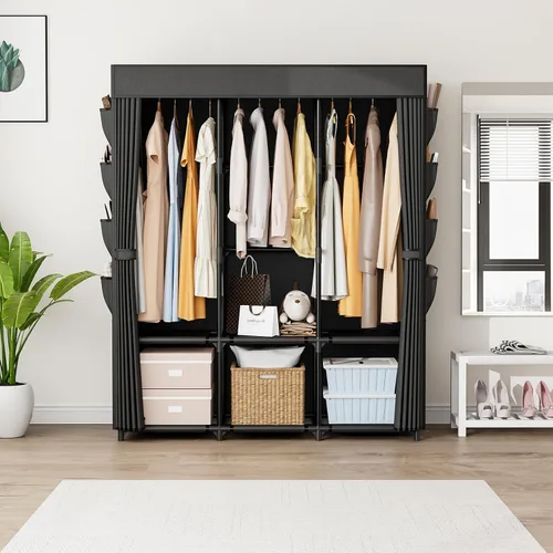 Vista 2 de Armario portátil para colgar ropa, perchero de gran capacidad con tapa, 3 varillas para colgar, 6 estantes y 8 bolsillos, armario fuerte y estable