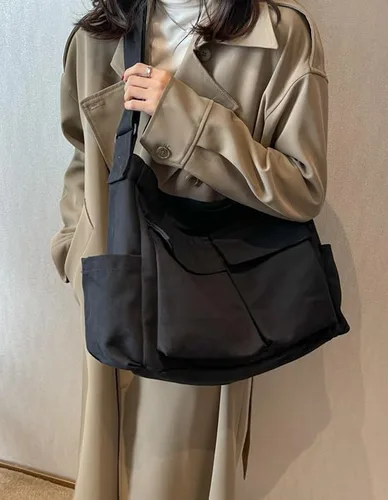 Vista 3 de Lauthen.S Bolsa de lona estilo hobo estilo grunge, bolsa cruzada para mujeres y hombres, bolsa de mensajero grande con múltiples bolsillos