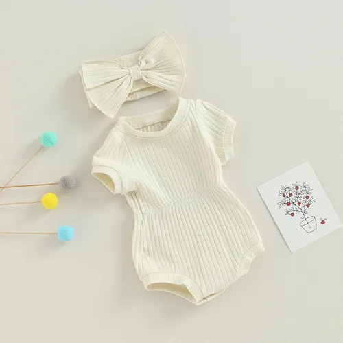 Vista 67 de Traje de verano para niña pequeña, de manga corta, acanalado, overol liso, pantalones cortos, ropa para recién nacidos