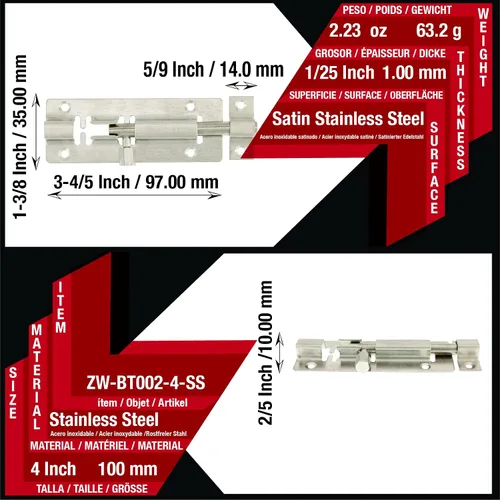 Vista 2 de BT002 - Cerradura de perno de barril de 4 pulgadas, cerradura de puerta gruesa de alta calidad, cerradura deslizante de acero inoxidable con 12