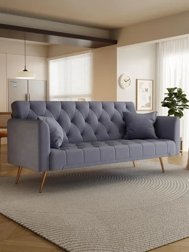 Vista 8 de Sofá cama futón de terciopelo con 2 almohadas, sofá cama convertible con respaldo ajustable de 3 ángulos, sofá biplaza moderno con 4 patas de metal