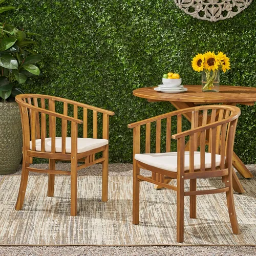 Vista 2 de Great Deal Furniture Nola - Sillas de comedor de madera para exteriores con cojines (juego de 2), acabado crema y teca, (309261)