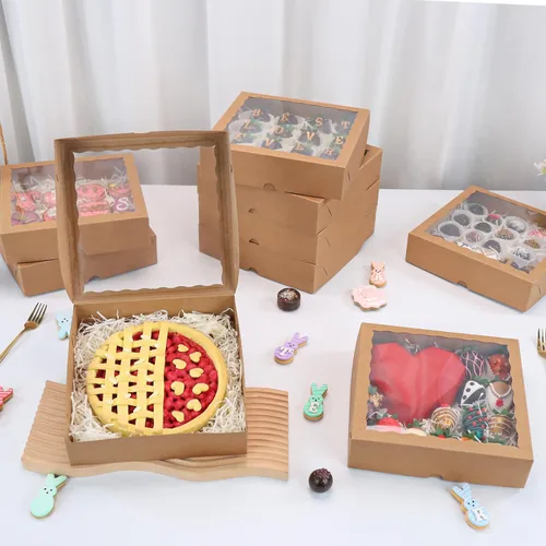 Vista 2 de 25 cajas de panadería marrones de 9 x 9 x 2.5 pulgadas con ventana para galletas, macarrón, fresas cubiertas de chocolate, mini pastel, trufa