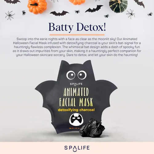 Vista 2 de SpaLife Paquete variado de mascarillas faciales de personaje de Halloween con diseño de murciélago de carbón animado, 10 hojas de máscara facial