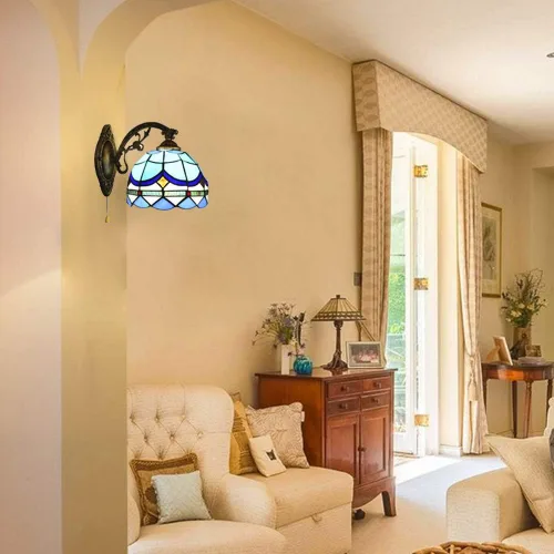 Vista 6 de Kwoking. Lámpara de pared estilo Tiffany vintage con interruptor de cadena - Lámpara de pared frontal de espejo para pasillo, vestíbulo, sala