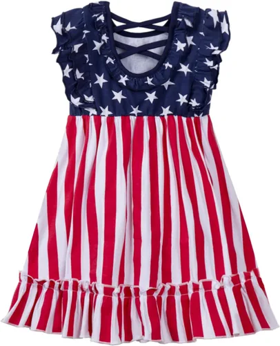 Vista 5 de Mud Kingdom Vestido para niñas del 4 de julio, lindo día de la independencia, bandera estadounidense, manga con volantes, vacaciones de verano