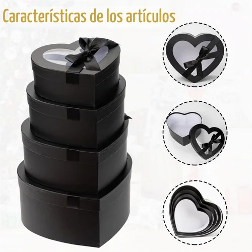 Vista 6 de Cajas negras en forma de corazón para arreglos florales, cajas de corazón para flores, juego de 4 cajas de regalo anidables con tapas transparentes
